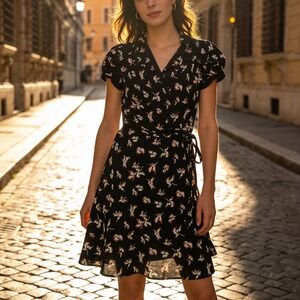 Juicy Couture Navy Floral Wrap Dress XS Short Sleeve V-Neck Mini A-Line  lily